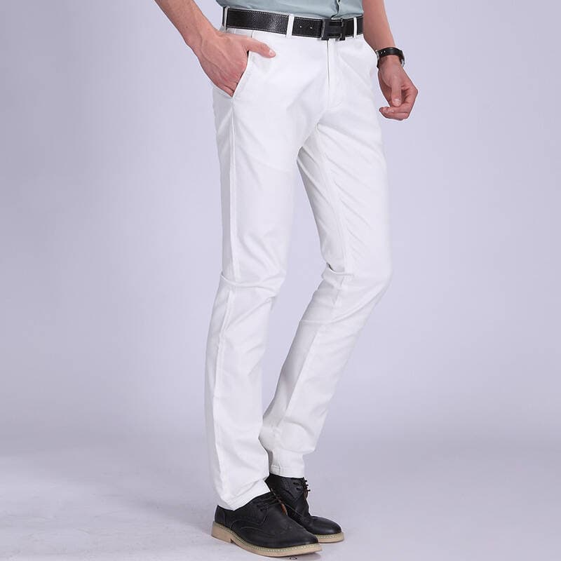 Calças casuais brancas masculinas de verão, calças retas Slim fit, calças brancas, calças compridas masculinas da moda o