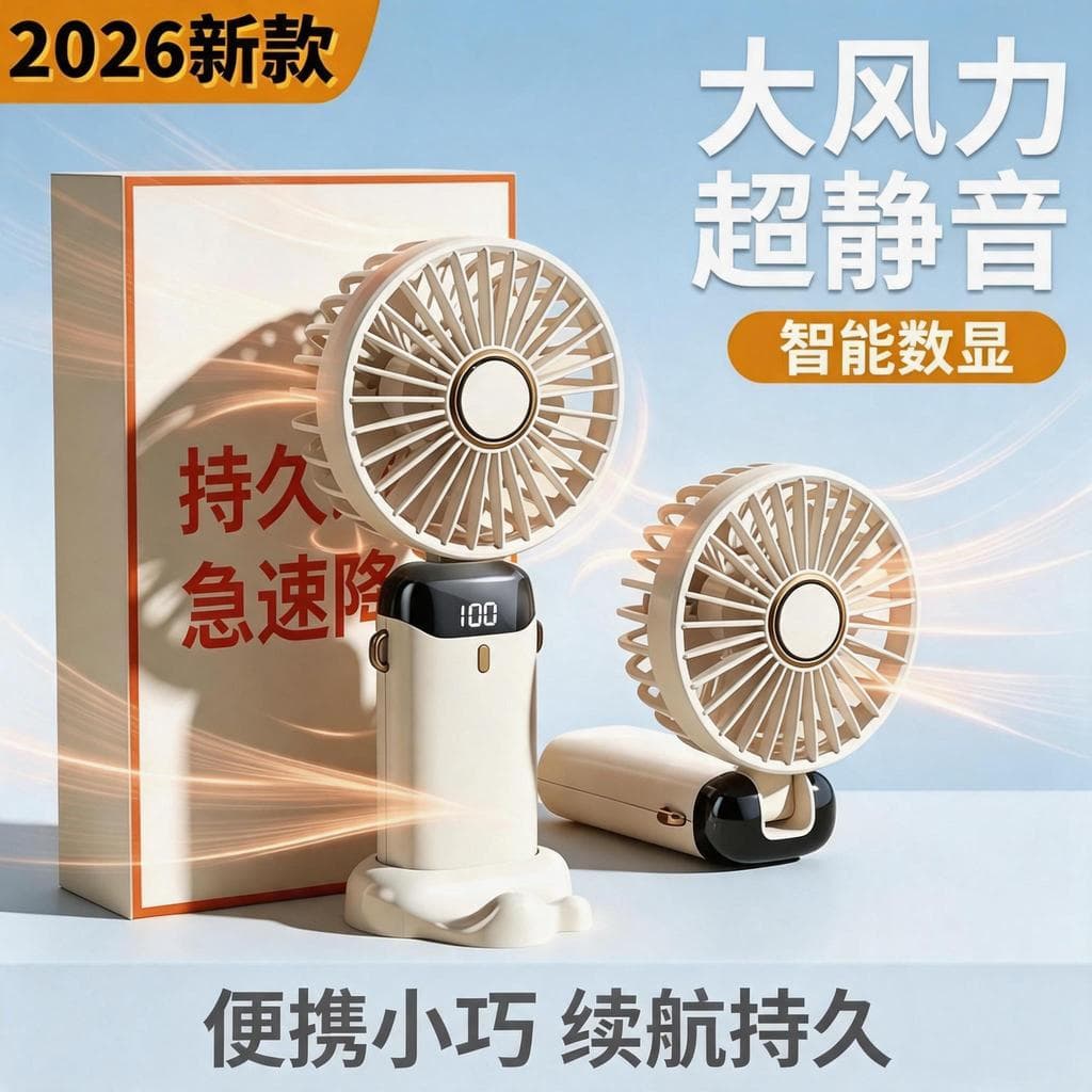 2026 Novo estilo com Display Digital de cinco velocidades Ventilador portátil Bateria de longa duração Escritório Deskto