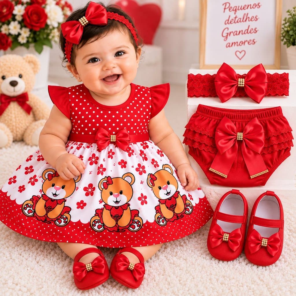 4 Peças Vestido Calcinha Bunda Rica Luxo Sapatinho Tiara bebê Recem Nascido Festa Mesversario