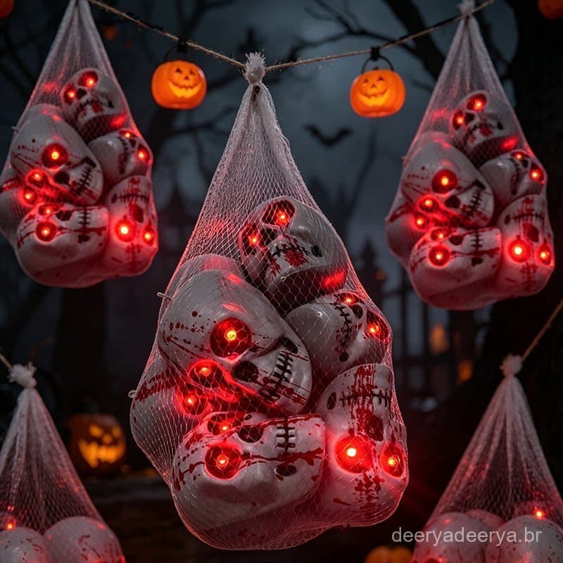Adereços de terror para o Halloween: saco de rede com caveira ensanguentada, ornamento assustador para pendurar, decoraç