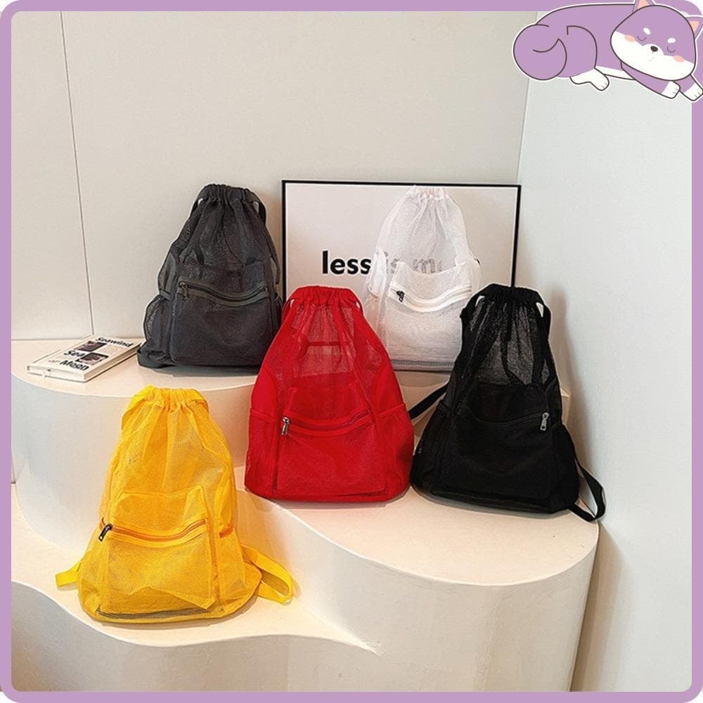 Bolsa De Praia , Mochila De Malha Com Cordão De Cor Sólida , Grande Capacidade Bolso Interno Nylon Oco