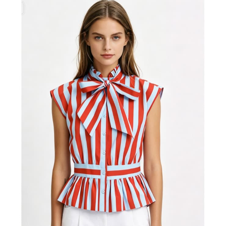 Camisa listrada feminina com laço novo estilo de verão 3091320