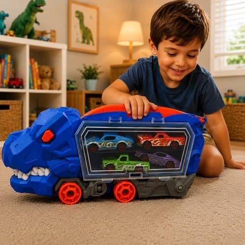Caminhao Dinossauro Rex Brinquedo Infantil Interativo Rampa 4 Carrinhos Azul