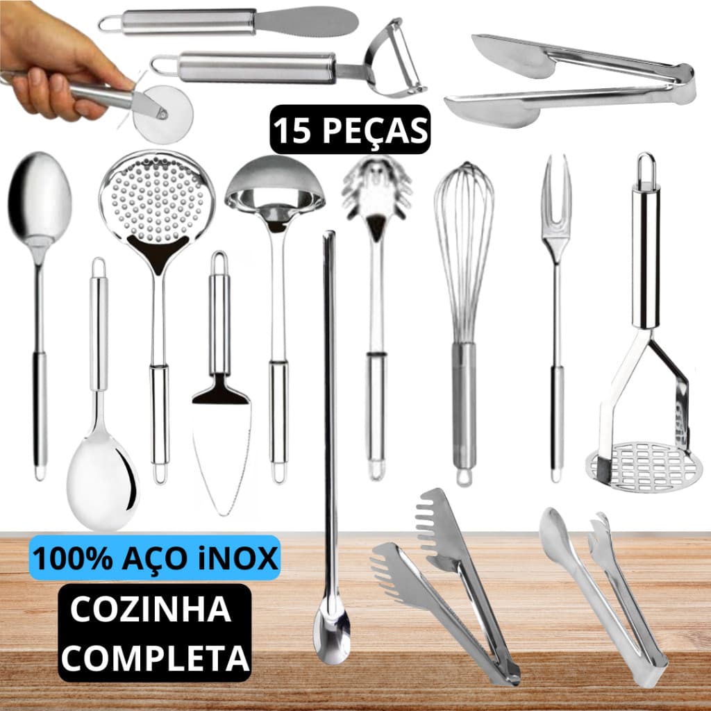 15 Utensílios Cozinha Completa 100% Aço Inox Linha Premium Pegadore Colheres Concha Escumadeira