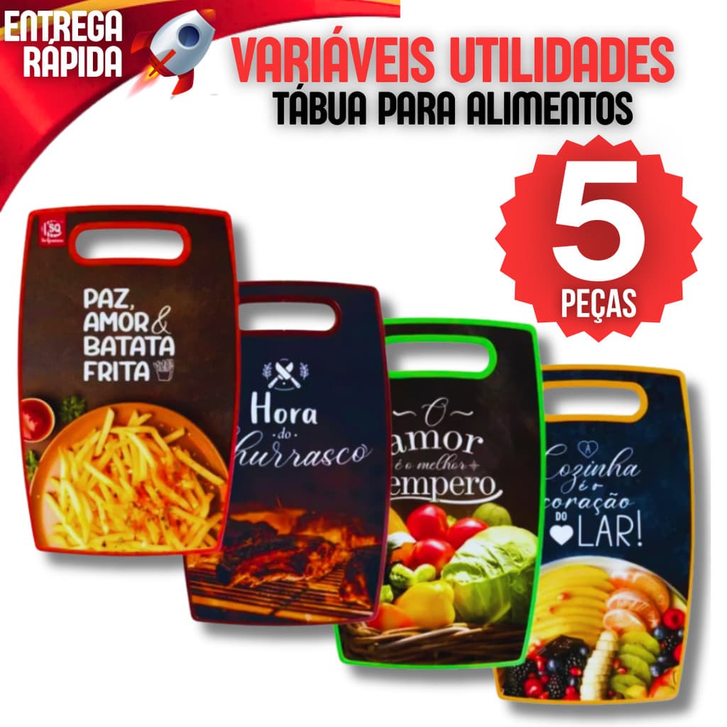 Kit 5 Tabua de Corte para Carne Legumes Frutas Queijo Resistente Plástico Estampada Modelos Variados