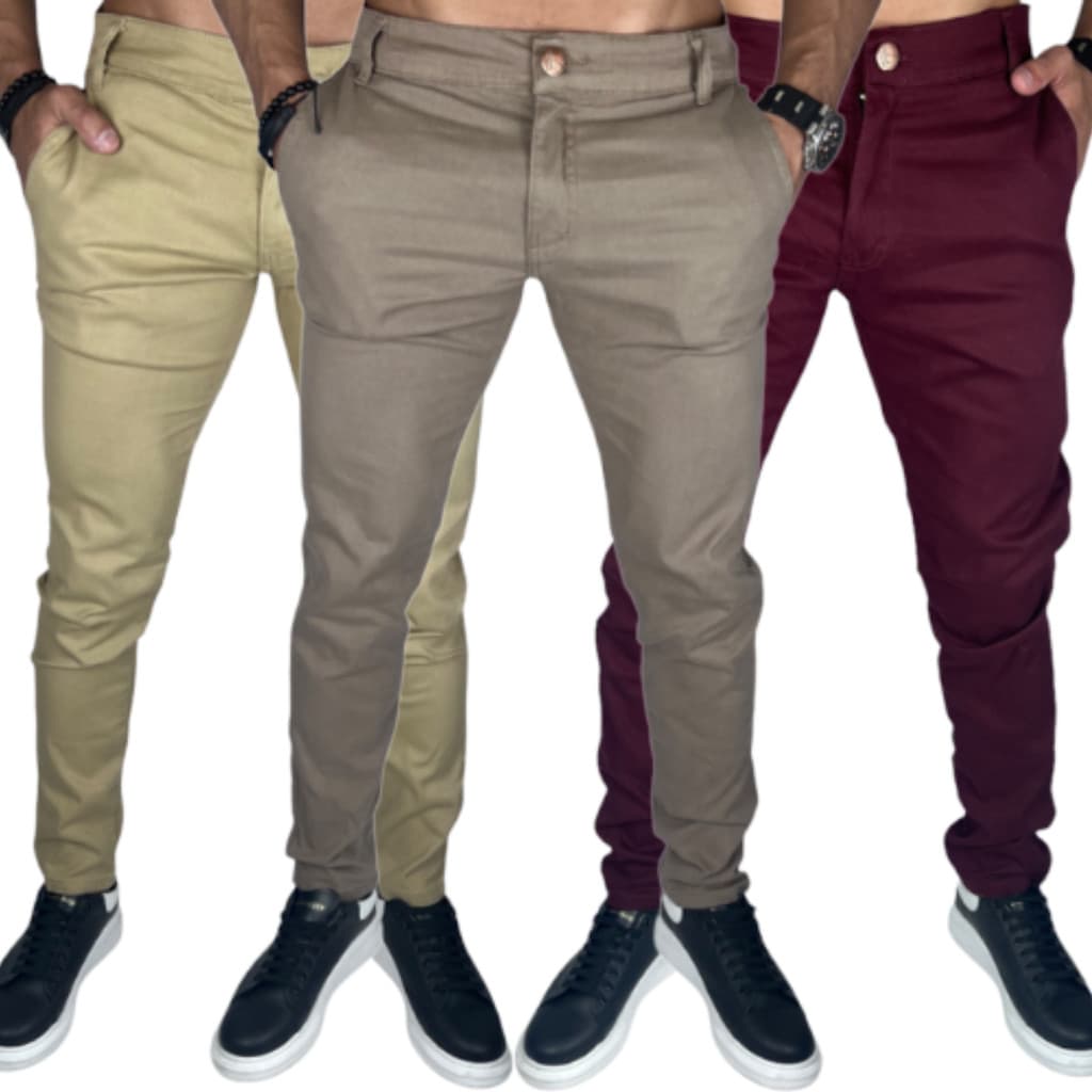 Kit 3 Calças Sarja Slim Fit Masculina Alfaiataria Moderna Old Money Premium 2025