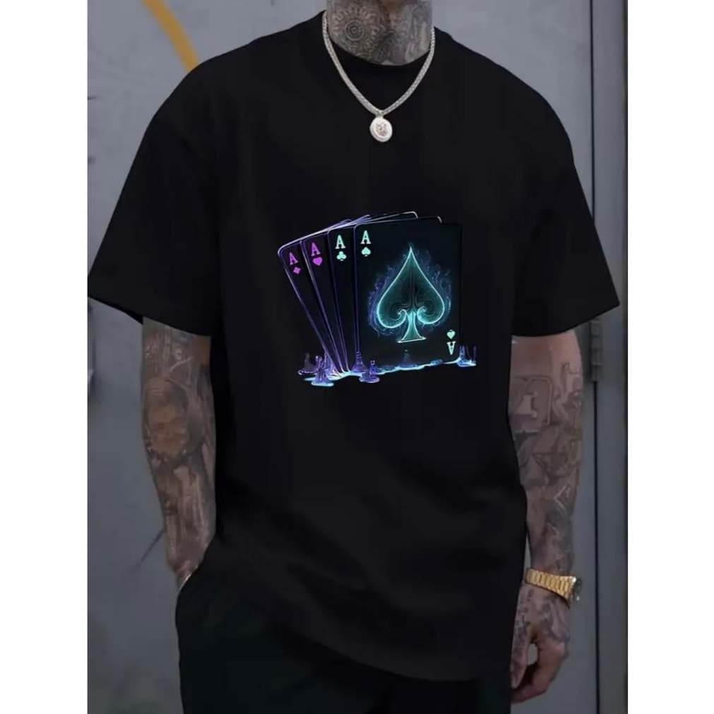 Camiseta Masculina de manga curta com estampa de baralho neon 100% algodão