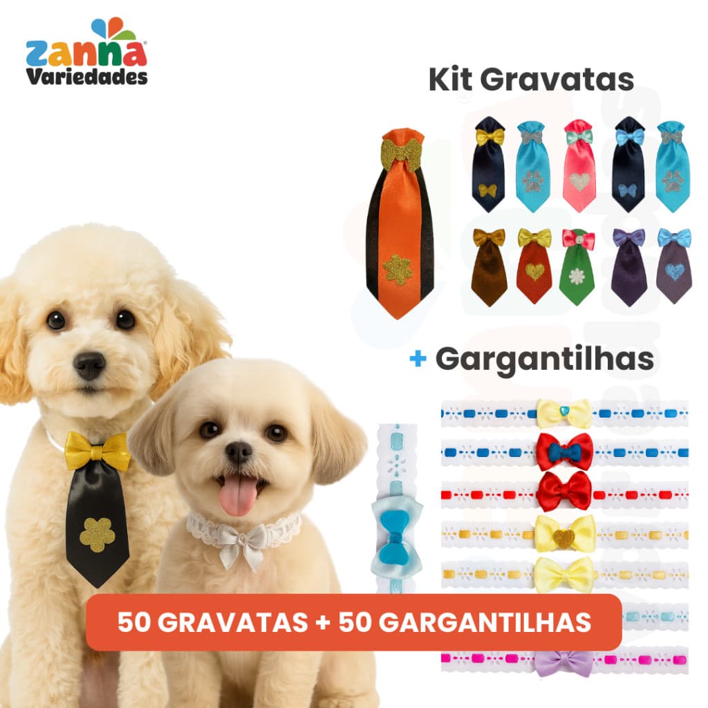 50 Gravatinhas + 50 Gargantilhas Pet – Kit Para Banho e Tosa, Topete Cachorro Fêmea Groomer Pet Shop