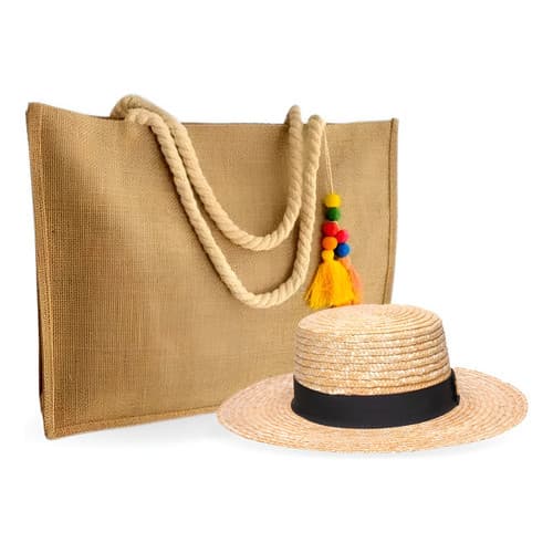 Kit Chapéu Paris Palha E Bolsa Juta Zíper Praia Verão Moda