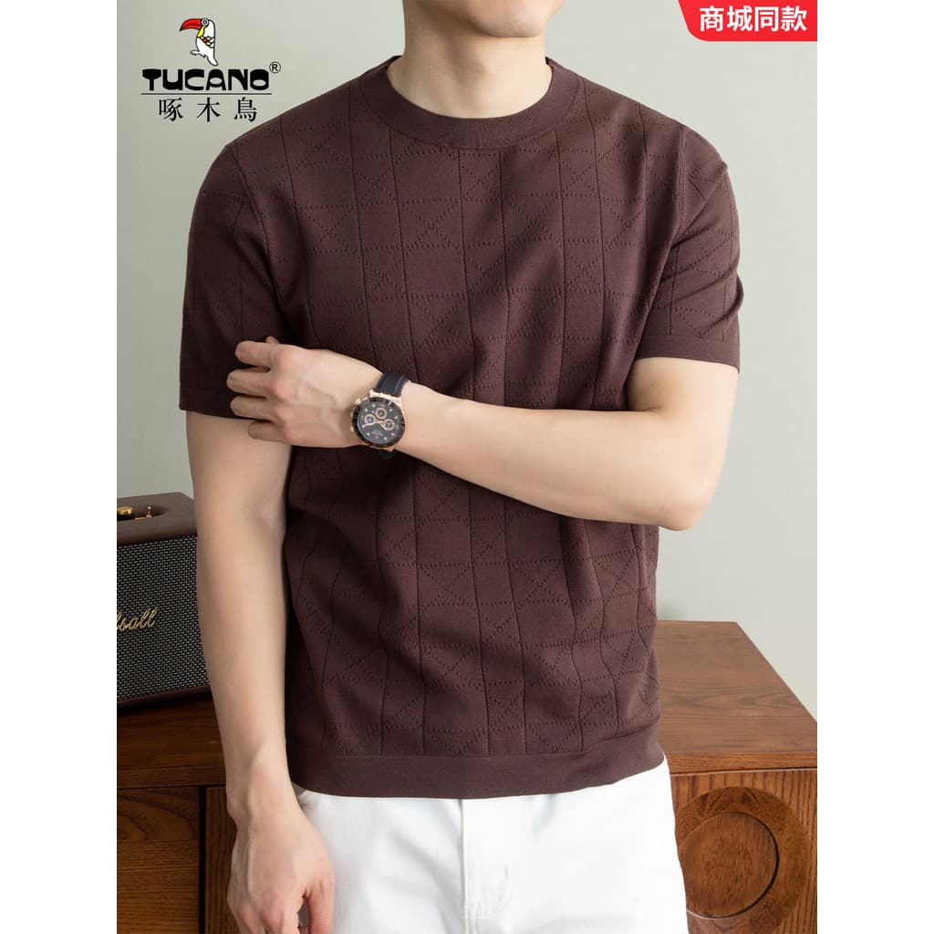 Woodpecker Jacquard malha de manga curta camiseta verão novo estilo masculino em torno do pescoço topo Casual All-Match