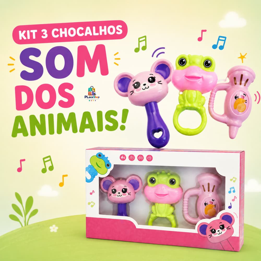 Kit 3 Chocalhos Som dos Animais Infantil Bebê Educativo Colorido  Descrição do produto: