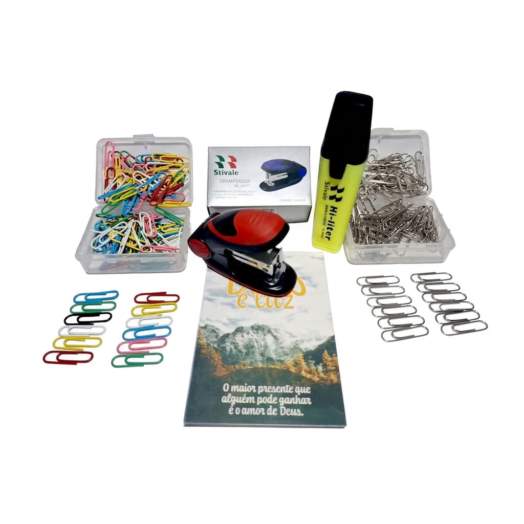 Kit Escolar:  1Cx.Clips Coloridos ; 1Cx.Clips Prata ; Marca Texto Amarelo ;Bloco de Notas; Grampeador Vermelho
