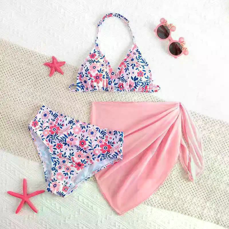 Halter Cintura Alta Biquíni Floral Triângulo Meninas Maiô 3 Peças Crianças Roupa De Banho Natação Terno 13Y-16Y