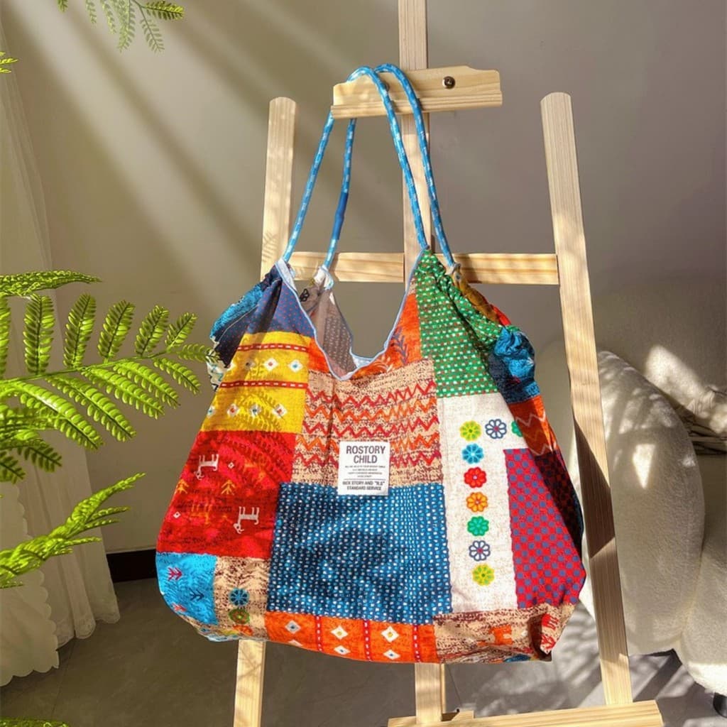 Estilo étnico retalhos lona sacola feminina grande capacidade bolsa de um ombro tailandês boêmio estilo férias