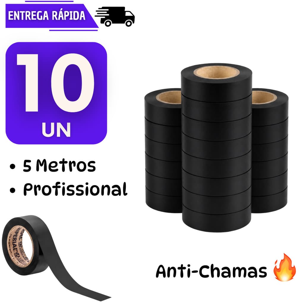 10 Fita Isolante Preta 20 metros Antichama Instalações Elétricas Alta Resistência Uso Profissional Fitas