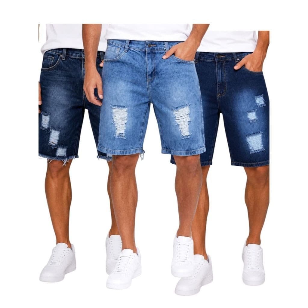 KIT 3 Bermudas Jeans Destroyed com Rasgos Modernos Médio Claro e Escuro Promoção