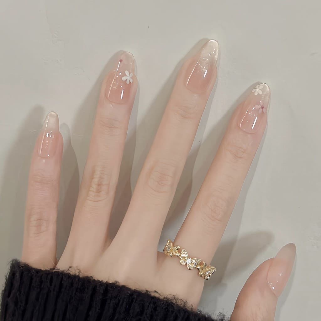 Caindo Sydney flor unhas usadas à mão gelo transparente cor Nude pequena flor olho de gato temperamento Oval suave clare