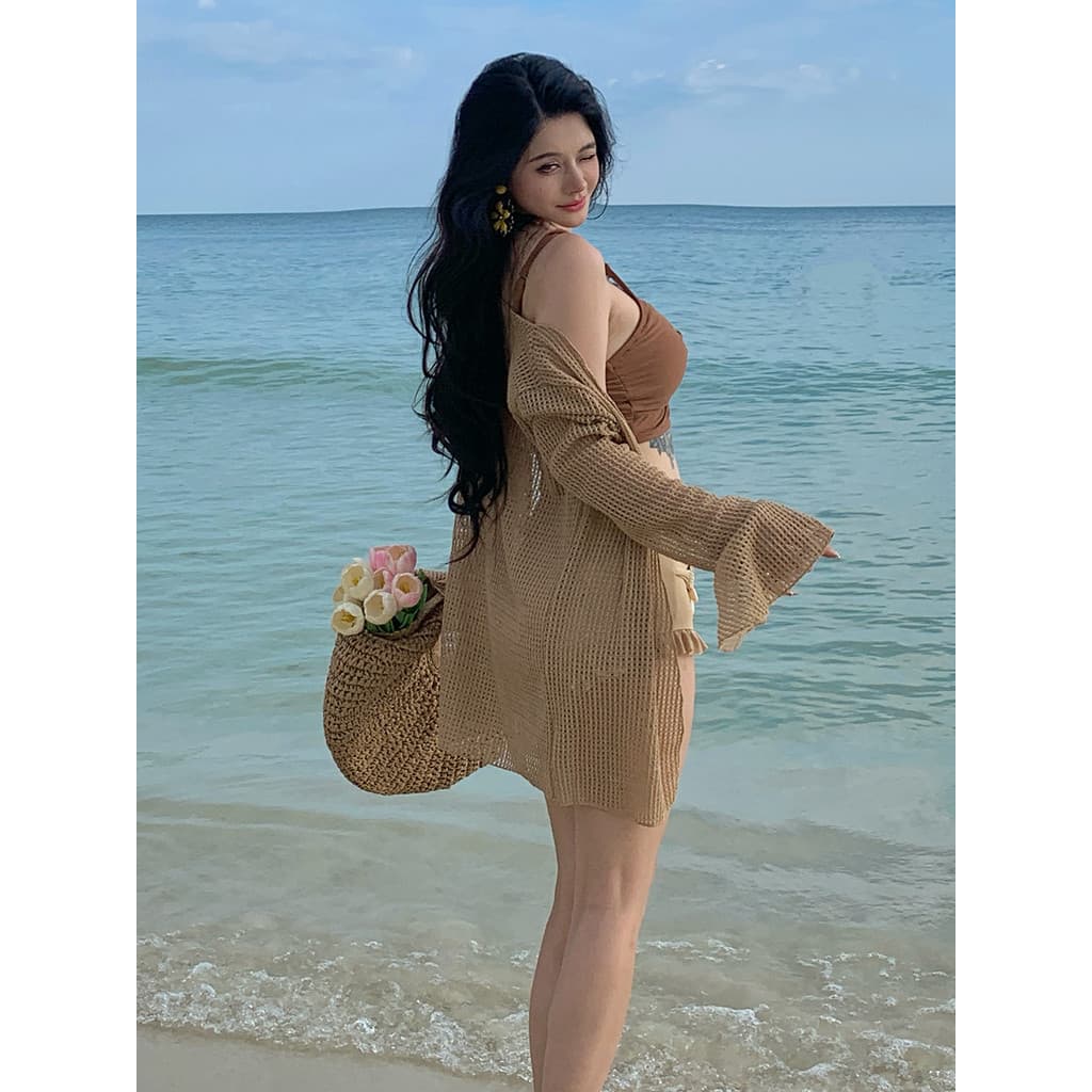 Novo estilo High-End maiô feminino ligeiramente gordo menina biquíni de três peças blusa de malha férias ilha Plus Size