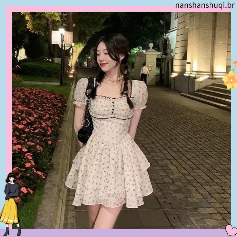 Floral Chiffon Renda Moonli ght Vestido Romântico Saia Curta Frete Grátis