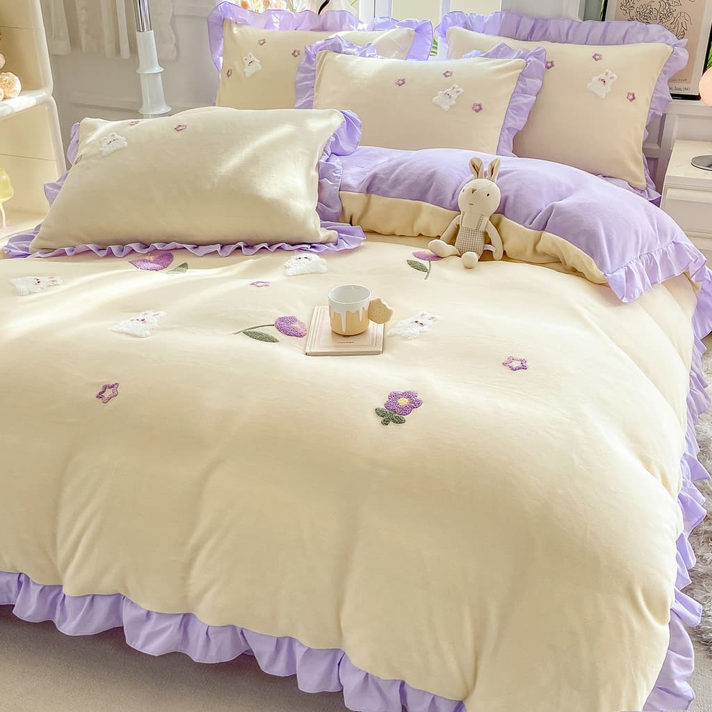 Inverno rendas estilo princesa leite veludo conjunto de quatro peças menina lençol engrossado colcha capa dormitório con