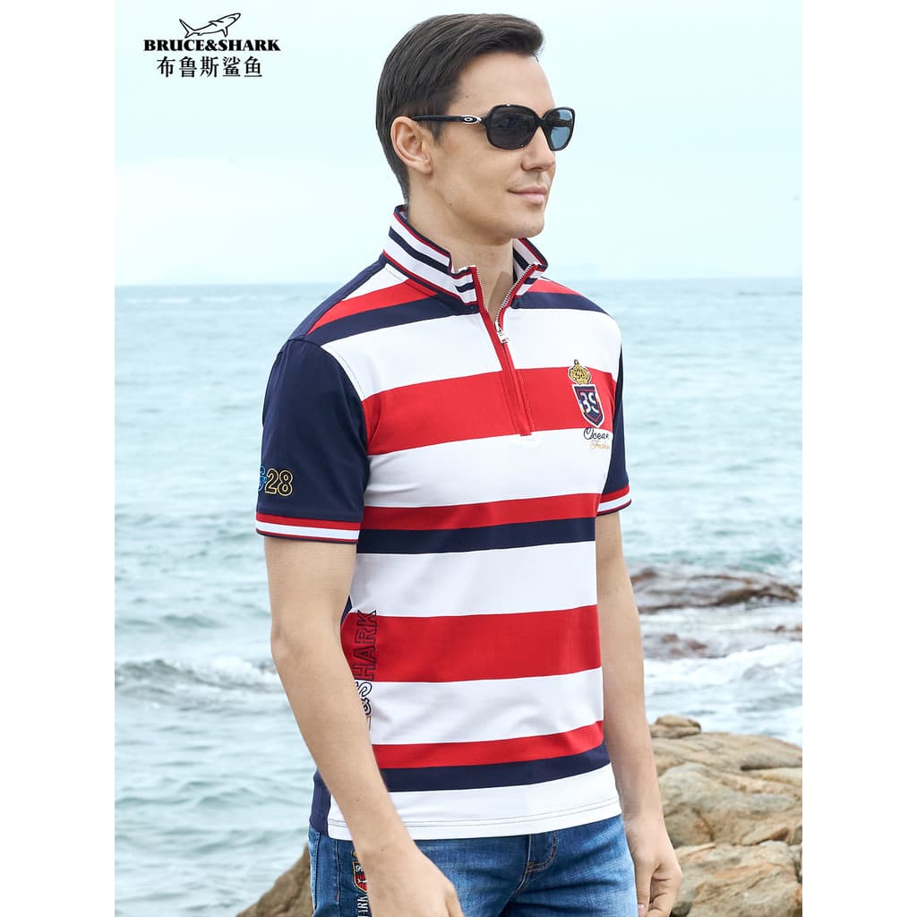 Camiseta de verão masculina de manga curta camisa Polo Bruce Shark Street Wear masculino gola alta listrado solto mascul