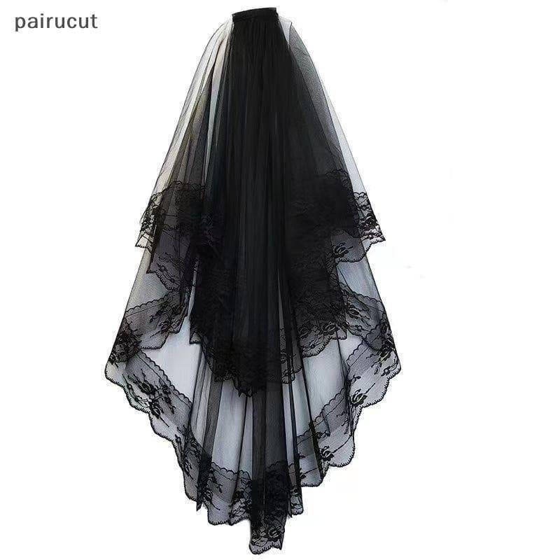 Uiu Véu De Noiva De Renda De Duas Camadas , Casamento Preto Com Pente Curto , Fantasia De Cosplay , Acessórios Para Cabe