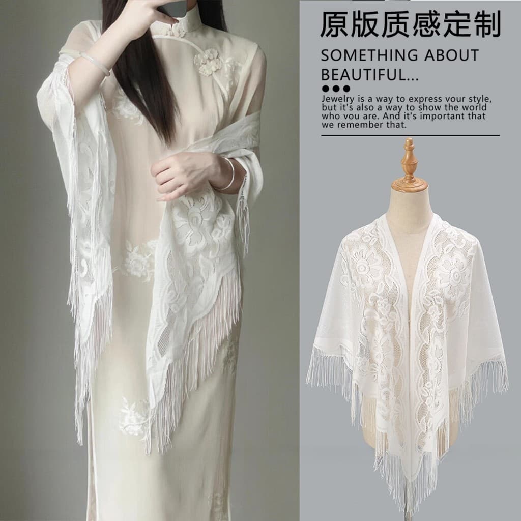 Branco Cheongsam xale novo estilo chinês exterior triângulo cachecol renda borla manto estilo ocidental elegante nuvem o