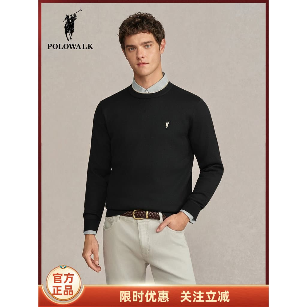 [Fleece Adicionado] POLOWALK Roupas Masculinas 2025 Inverno Novo Produto Malhas Masculinas Cor Sólida Commuter Simples R