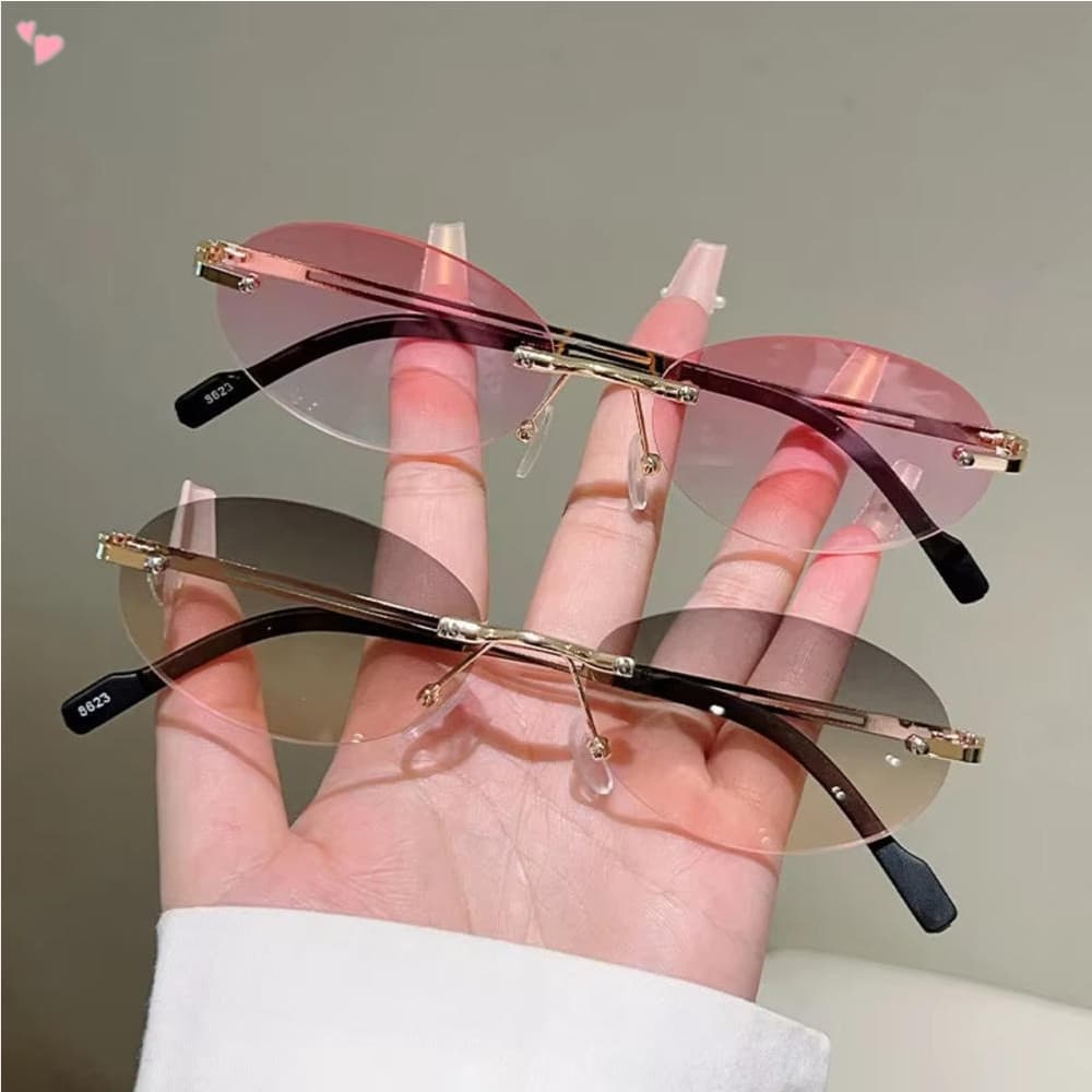 Óculos de Sol Femininos Oval Sem Aro com Gradiente, Estilo Retrô UV400, Armação Y2K, com Lentes Coloridas da Moda para F