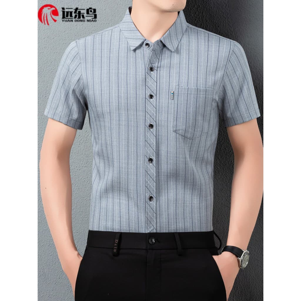Camisa masculina listrada de manga curta, novo estilo, roupa de pai, negócios, Casual, algodão, roupas superiores, bolso