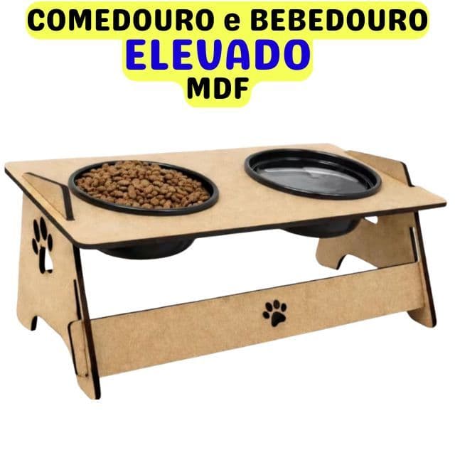 Comedouro Duplo Elevado em MDF para Cães e Gatos com 2 Tigelas Removíveis de 300ml