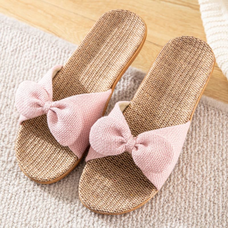 Chinelos de linho feminino fundo macio arco bonito casa interior chinelos de chão de madeira verão antiderrapante sandál