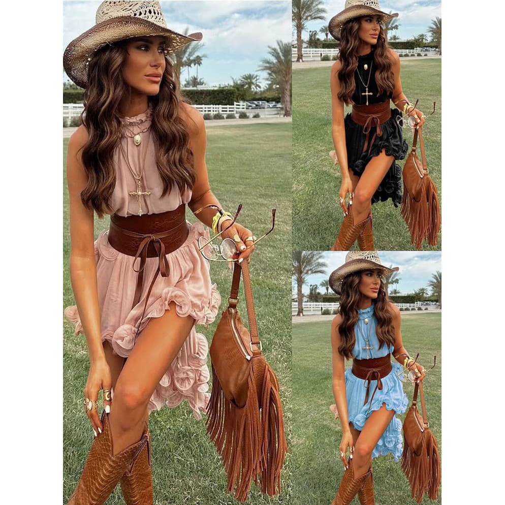 Conjunto Feminino De Saia Curta Sem Mangas Com Babados