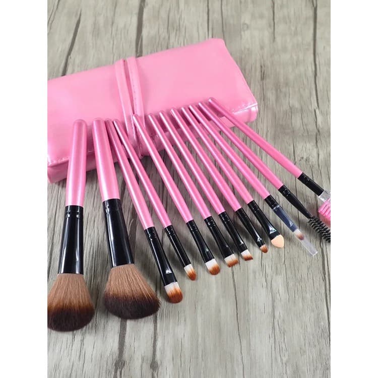 12 pincéis de maquiagem rosa com bolsa de couro, um conjunto completo