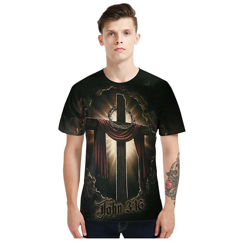 2026 Verão Cruz Impressão 3D Camiseta Masculina Jesus Manga Curta Camisetas Topos Estilo Cristão Roupas Masculinas Moda