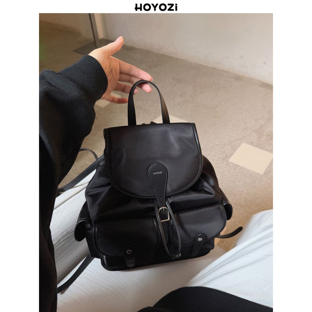 HOYOZI 2026 Novo Estilo Mochila Preto Nylon Lona Mochila Feminina Viagem [Bolsa Xiaoyoujia]