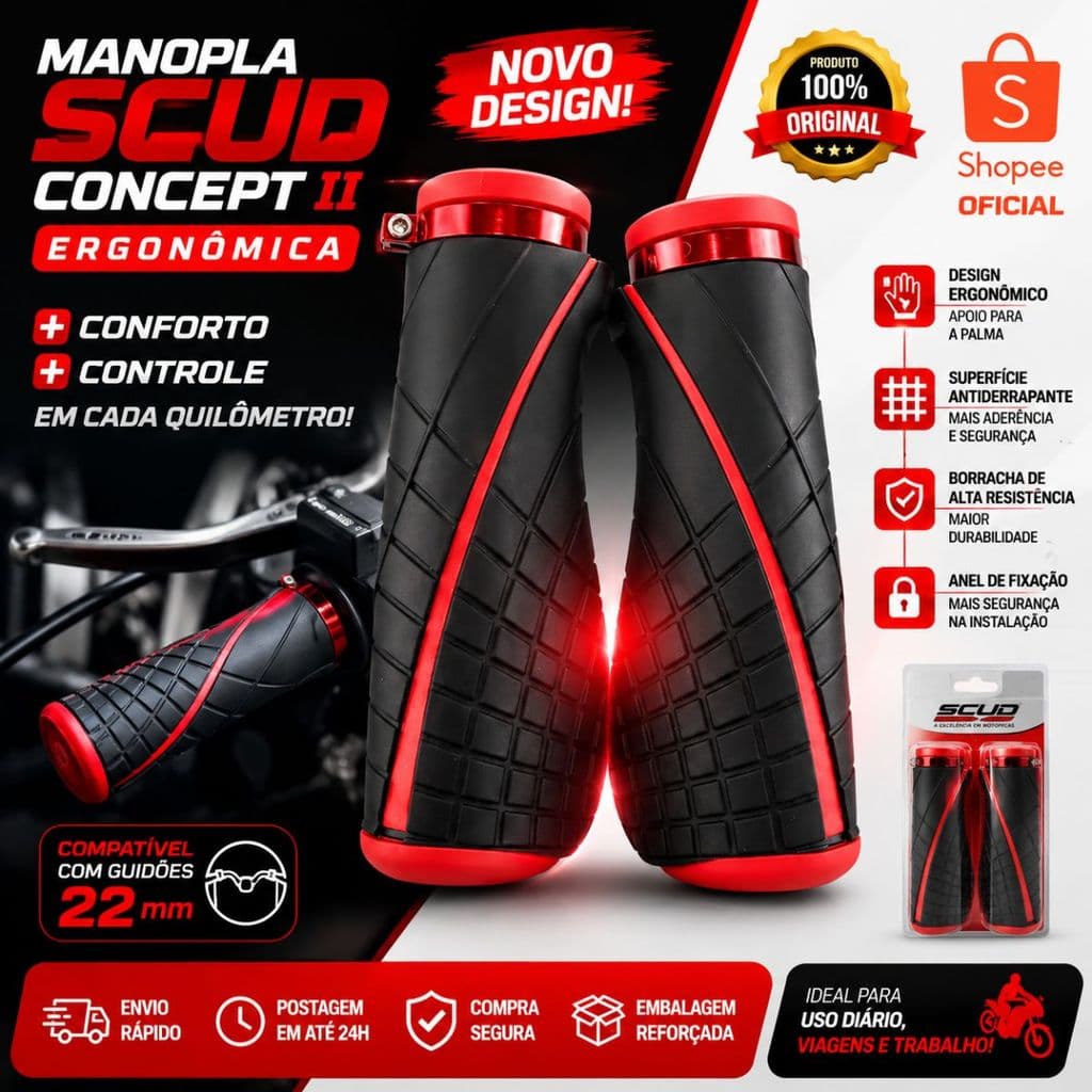 Manopla Moto Scud ConceptII Ergonômica Universal Par Vermelha
