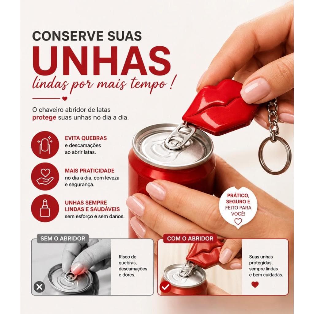 Chaveiro Abridor de Latas Modelo de Beijo Preserva suas Unhas Item Delicado Feminino