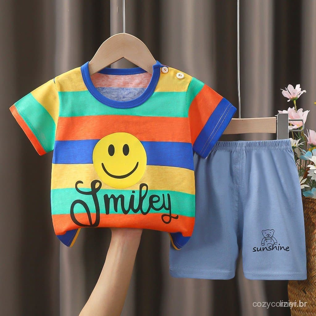 Fato de manga curta para crianças, Fato de verão para menino +Shorts de 2 peças, Roupas para crianças