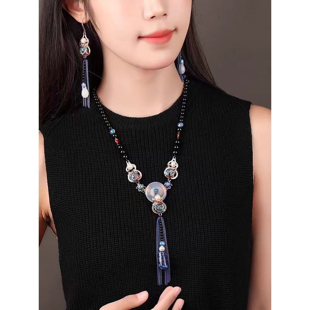 Colar estilo chinês com pingente de paz, pingente cloisonné, colar longo de ágata combinado com cheongsam, conjunto de c