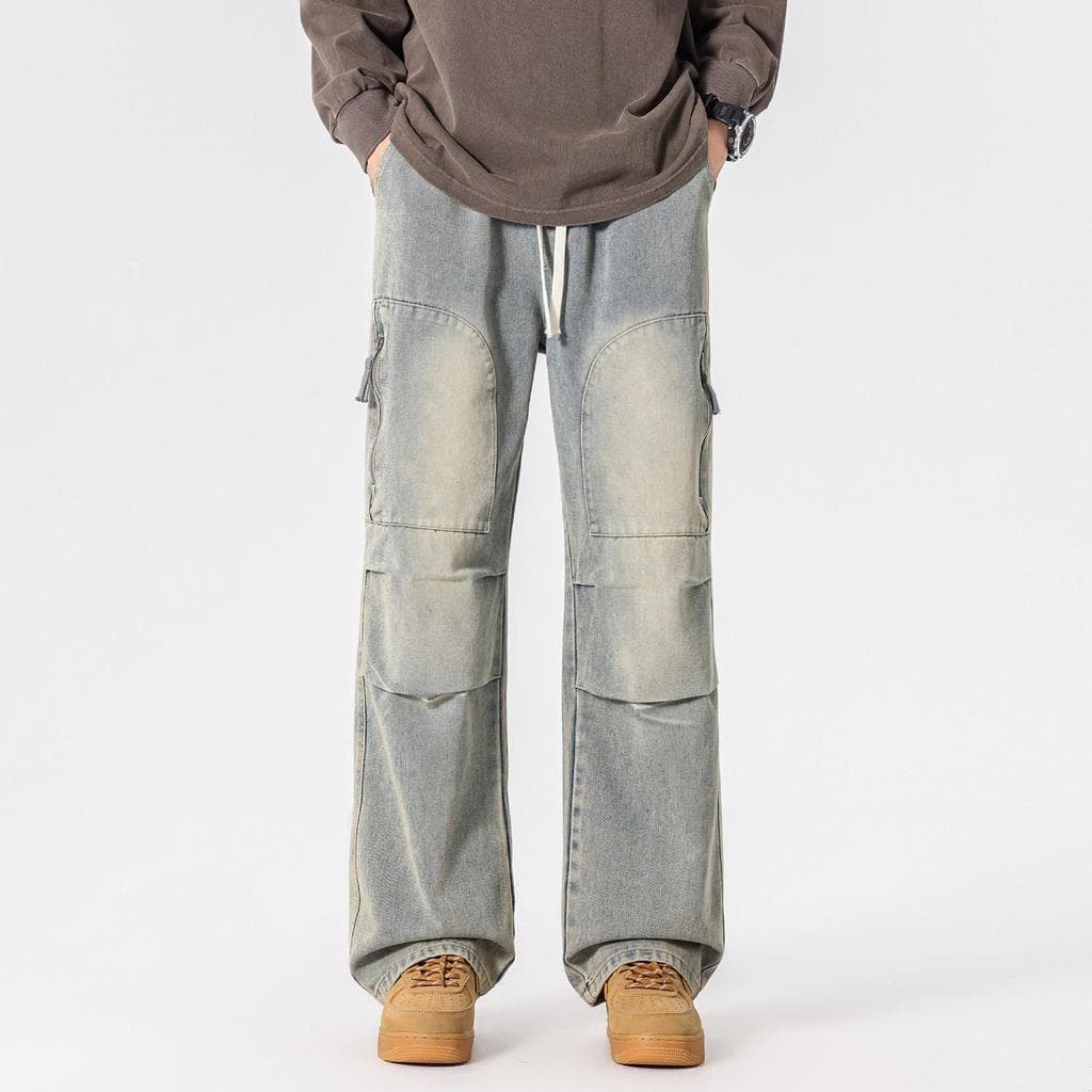 Calças de brim masculinas 2026 primavera americana High-End calças casuais masculinas soltas na moda Multi-bolso calças