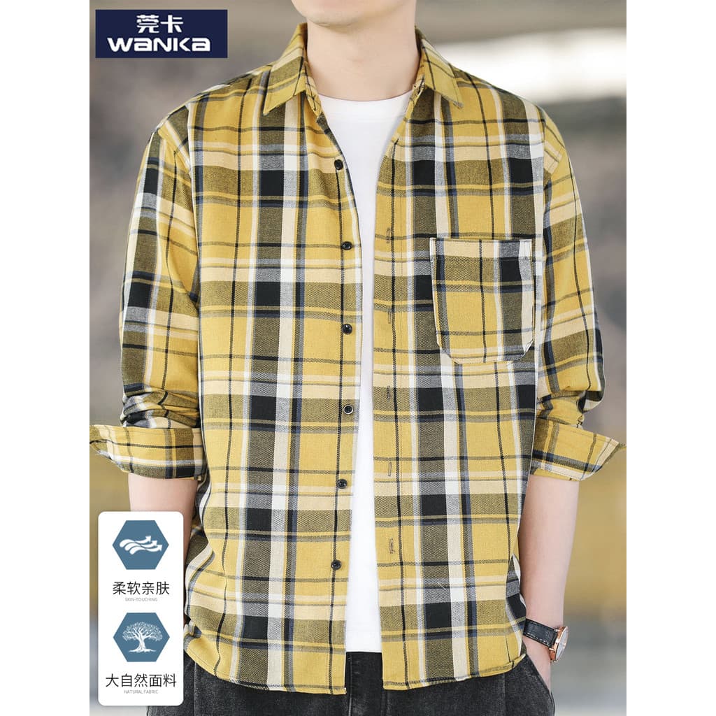 Camisa xadrez amarela masculina primavera outono solta estilo japonês camisa de manga comprida homens estudantes univers