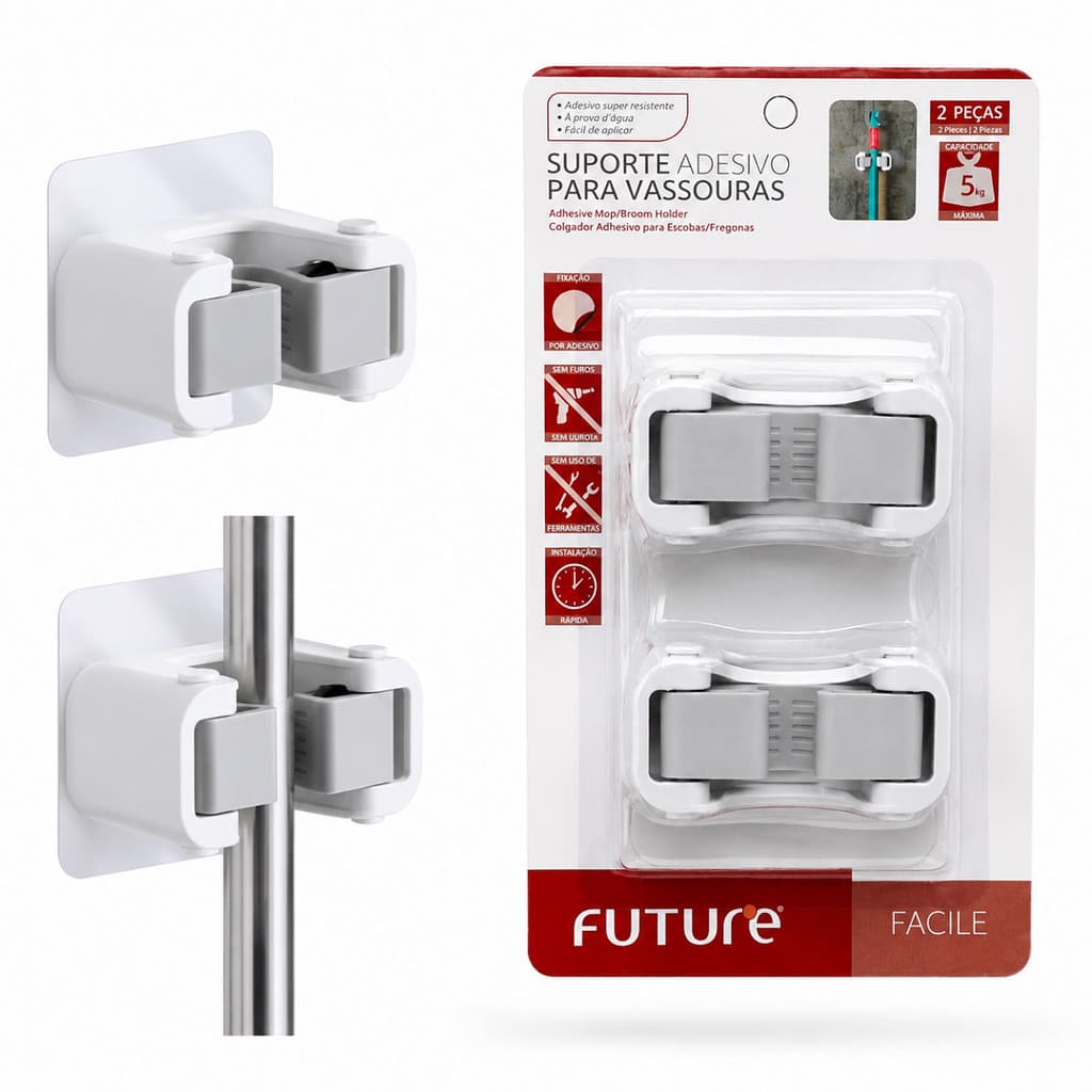 Kit com 2 dois Suportes organizadores para Vassoura Rodo Mop fixação por Adesivo ultra resistente Future capadcidade 5kg