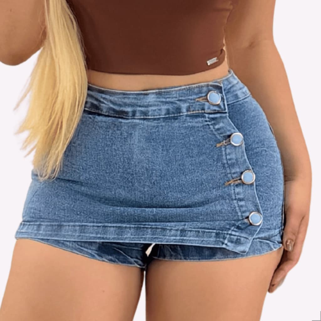Short Jeans Feminino Botões e Zíper Interno Marmorizado Cintura Alta  ModaZ