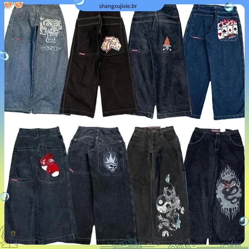 Streetwear Baggy Jeans Y2K Hip Hop Retro Bolso Calças Pretas Masculino & # 39 ; s Punk Rock High Wais t Perna Larga