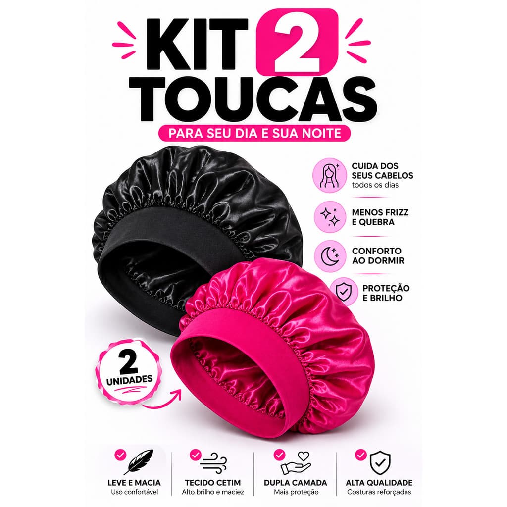 Kit 2 Toucas de Cetim para Dormir Antifrizz Proteção Capilar Cabelo Cacheado Crespo Ondulado Liso
