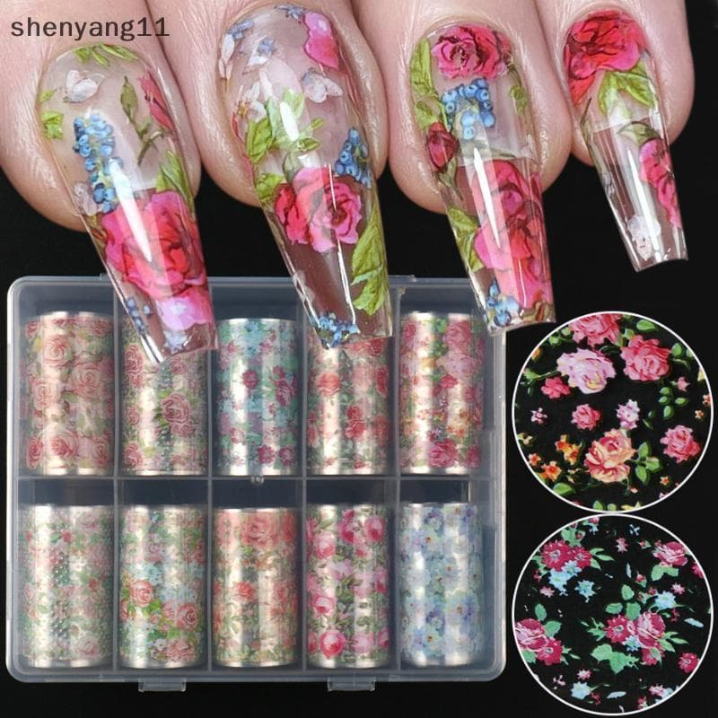 shen Folha De Arte De Unha , 10 Rolos , Flor , Rosa , Borboleta , Papel De Transferência , Sliders Florais Para Salão De
