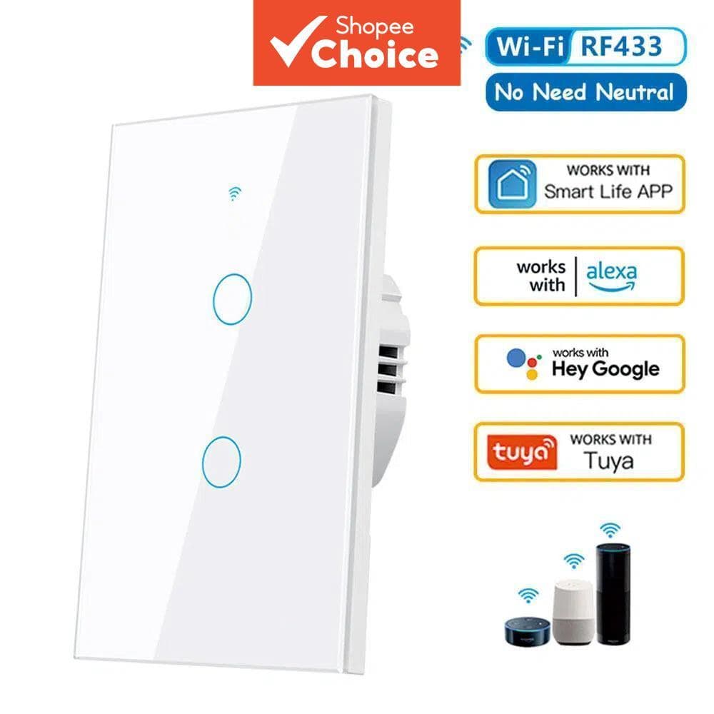Luz De Preenchimento LED Parede Inteligente RF433 Eua Funciona Com Tuya 2 Gang Sem Fio Neutro Sensor Toque Interruptores