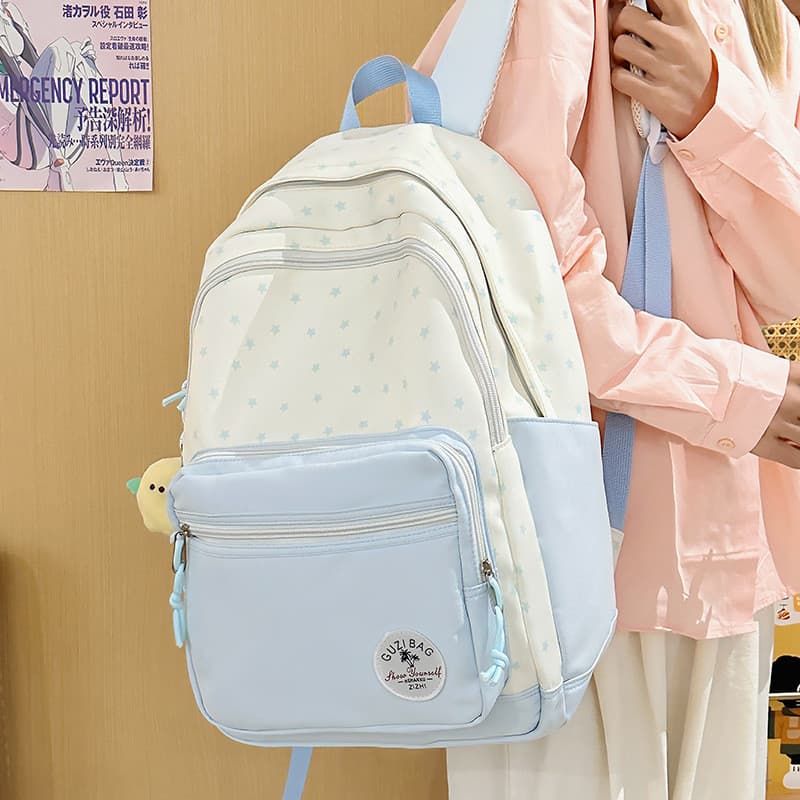 Mochila Fresca De Nylon De Dois Tons Com Padrão De Mini Estrela , Bolsa Escolar Casual Leve Vários Compartimentos Para M