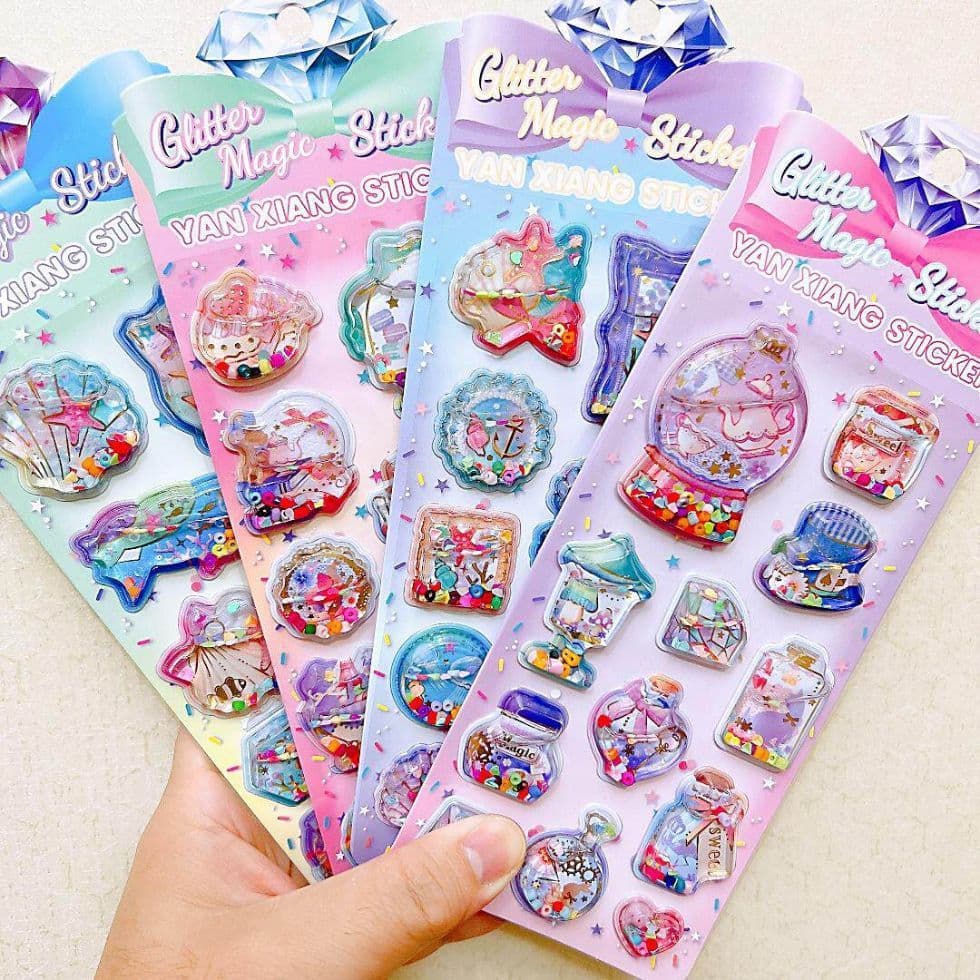 Kawaii 3D Líquido Shaker Adesivos Bonito Glitter Água Cheia Adesivo DIY Caso De Telefone Decoração Crianças Brinquedo Ed